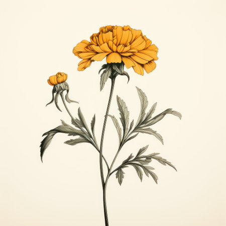 a vintage-style illustration of a meticulously detailed yellow flower, showcasing the aesthetics of the past. the artwork features a light black and orange color palette, reminiscent of scientific illustrations. the hyper-realistic animal illustrations and delicate minimalism add a touch of baroque elegance to this captivating image. ai generatedの素材
