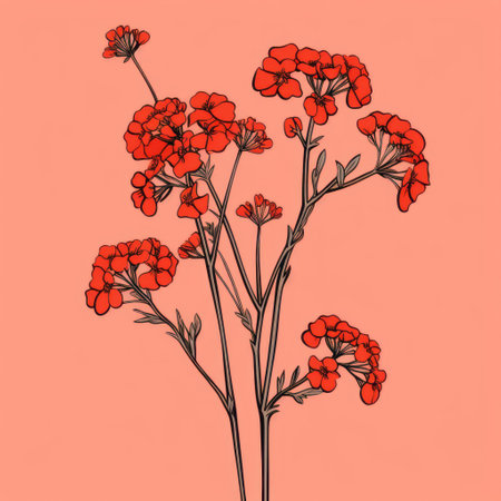 a group of red flowers on a pink background, depicted in a minimalistic drawing style reminiscent of highly detailed illustrations by herb trimpe and ferdinand hodler. the flowers are a dark orange shade, creating a strong use of color in this vibrant illustration. ai generatedの素材