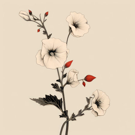 a digital illustration featuring a traditional chinese painting style with a floral pattern. the design showcases white flowers and red leaves on a beige background, reminiscent of the song dynasty era. the artwork is inspired by minimalistic black and white sketches and incorporates elements of graceful sculptures. this piece by flora borsi combines traditional vietnamese and chinese influences. ai generatedの素材