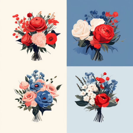 six vector bouquets of roses and red roses arranged in a classic still life composition. the bouquets are depicted in a patriotic style, with a combination of red and blue colors. the overall design has a light indigo and light beige background, creating a colorful collage. this flat composition showcases naturalistic depictions of flora and fauna. ai generatedの素材