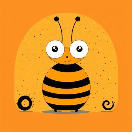 a cute bee with wings is depicted on an orange background in this childlike figure-inspired illustration. the rounded forms and dark humor graphic prints give it a unique snailcore style. the striped pattern adds an eye-catching element to this graphic design-inspired artwork. ai generatedの素材