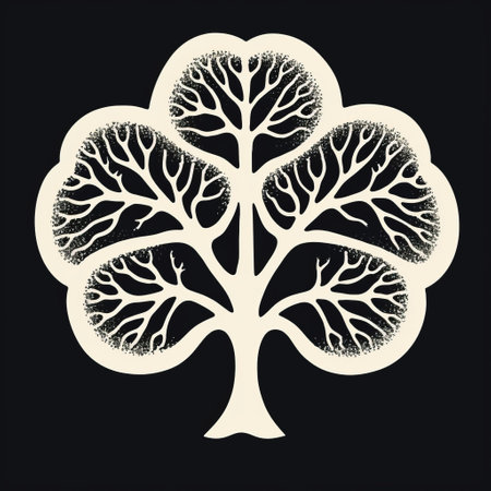 a monochromatic symmetrical illustration of a tree with a tree of life folio is showcased in this photo. the intricate cut-outs depict roots and branches, while rounded shapes and bentwood add to its aesthetic appeal. against a black background, the ivory-colored psychological phenomena illustrations create a captivating contrast. ai generatedの素材