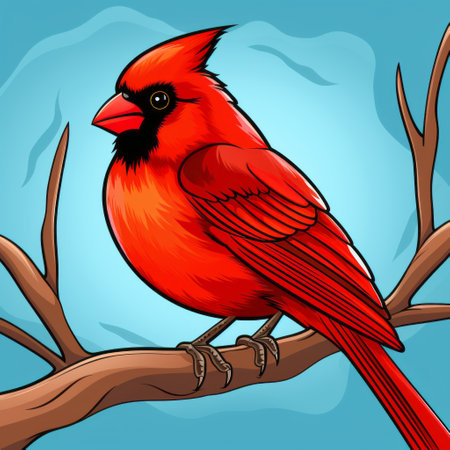 a red bird perches on a branch against a vivid blue sky, showcasing a bright yellow tail. this gothic-style illustration features high-contrast realism with light red and light emerald hues. the image captures the essence of american iconography and characterful animal portraits. hand-coloring and high-contrast shading add depth and visual appeal to this captivating scene. ai generatedの素材