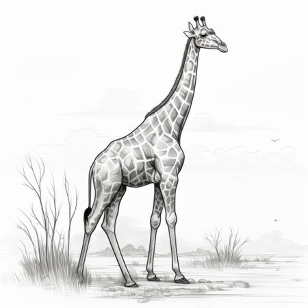 a sketch of a detailed giraffe illustration standing gracefully in the dirt and grass. the black and white grayscale style adds depth and character to the image, with intricate shading highlighting the gray and brown tones. this sketch, in the style of elongated and geometric animal figures, showcases the artist's attention to detail. find this captivating artwork on sketchfab. ai generatedの素材