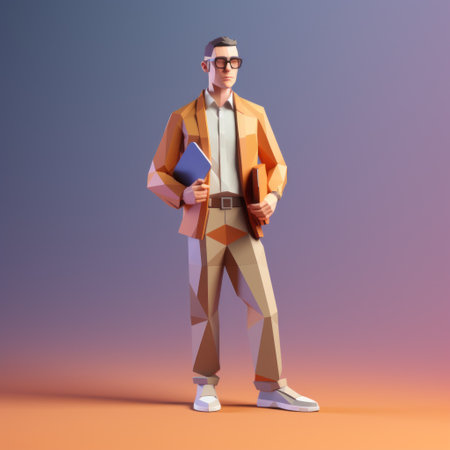 3d male figure wearing an orange jacket and glasses stands near a vibrant colored background. this artwork showcases a geometric minimalism style with layered textures and shapes. the character study features inventive character designs by a hard edge painter, incorporating the use of paper and neo-concrete elements. ai generatedの素材
