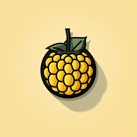 a cartoon raspberry depicted in a vintage dark yellow graphic design style. the vibrant use of light and shadow brings out the contrasting colors of light yellow and dark emerald. this pigeoncore-inspired illustration showcases clean and simple designs with a touch of carcore aesthetic. ai generatedの素材