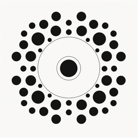 a black circle with surrounding dots, showcasing minimalist typography and duckcore style. the image features mechanized forms and clever utilization of negative space, creating an optical illusionist effect. the webcam captures the light white and white tones, enhancing the overall aesthetic. ai generatedの素材