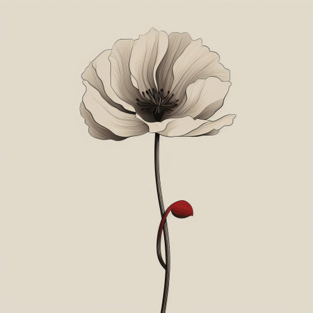 a minimalist surrealist graphic image featuring a white and brown poppy flower. the color palette includes light red, dark bronze, light black, light beige, and gray. the image showcases accurate and detailed botanical accuracy, with a strong use of contrast. ai generatedの素材