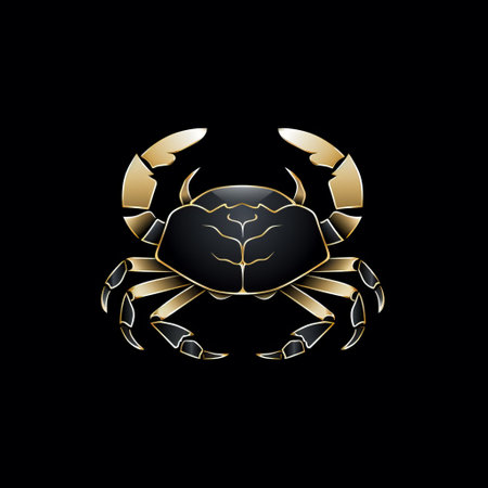 a crab symbol is depicted on a black background, showcasing delicate gold detailing. this graphic illustration draws inspiration from scientific illustrations and the artistic style of martiros saryan. the metallic finishes add a touch of elegance, while the strong graphic elements make the illustration visually striking. ai generatedの素材