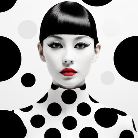 a woman poses in a polka dot makeup on a blue background, showcasing a style reminiscent of shohei otomo's minimalist black and white art. the vibrant colors and bold lines, reminiscent of zhang jingna's color splash photography, create a striking contrast against the white background. this composition evokes the artistic influences of hayao miyazaki, resulting in a visually captivating image. ai generatedの素材