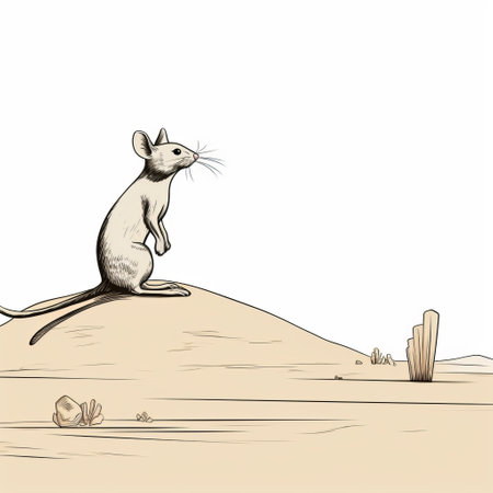 an abstract image of a mouse, in the style of detailed character illustrations, gazes down at the desert and dirt. this pensive stillness captures the essence of historical illustration and sparse psychological phenomena illustrations. the high resolution of the image showcases the balance and harmony between the mouse and its surroundings. ai generatedの素材