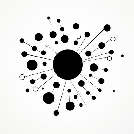 circular abstract drawing of a star-shaped social network analysis, featuring a blend of light black and black hues. this mid-century illustration showcases confetti-like dots and minimalist design elements. the composition also includes spherical sculptures, reflecting a touch of tinkercore aesthetics. ai generatedの素材