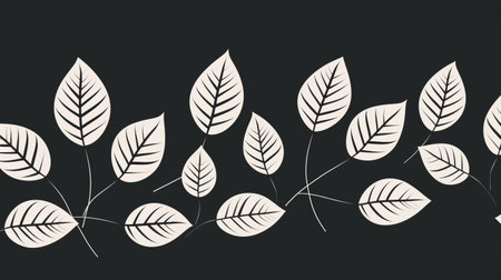 black and white leaves on a black background, reminiscent of mid-century illustration. this strip painting features nature-inspired imagery with elaborate borders. the minimalist color palette and the use of natural symbolism make it a captivating piece by a talented minimalist illustrator. ai generatedの素材
