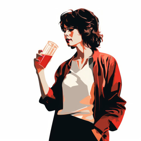 a woman, portrayed in the distinctive style of liam wong and neil gaiman, is captured in a studio portrait. she is seen enjoying a glass of wine, with both white and red varieties present. the image showcases detailed character design and exudes a sense of street fashion. this high-quality photo beautifully merges artistic elements with a touch of elegance. ai generatedの素材