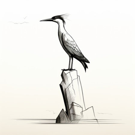 a black and white sketch of a bird perched on a rock, showcasing a realistic usage of light and color. the sketch features detailed architectural elements and a hieratic visionary style. the minimalistic landscapes and simplified figures add to the strong sense of realism, creating a captivating and realistic scenery. ai generatedの素材