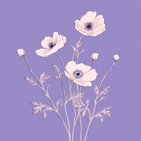 white flowers on a purple background in vector art, featuring delicate ink washes and a line drawing style. this illustration showcases minimalistic compositions with an art nouveau influence. the romantic and dreamy depictions create a soft and enchanting atmosphere. ai generatedの素材
