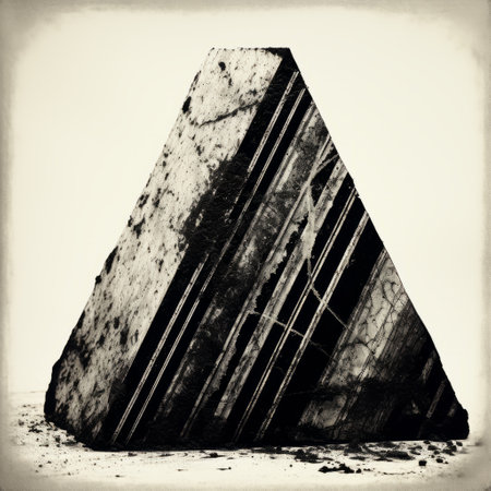 a black and white photograph capturing a stone pyramid with distressed materials, showcasing a hyperrealistic composition. the image has a sunprint effect and is taken from a tabletop perspective. the angular geometry of the pyramid adds to its visual appeal. the photograph also incorporates elements of transportcore and lomography effect. ai generatedの素材