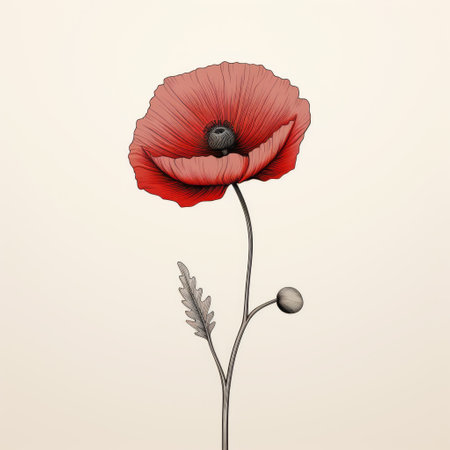 a single red poppy flower is depicted in this detailed character design illustration. the flower stands out against a light background, showcasing its vibrant color. the style of the artwork is reminiscent of minimalistic metal sculptures, with a combination of light red and dark beige tones. the illustration combines elements of realism and surrealism, featuring linear illustrations and a moody color palette. ai generatedの素材