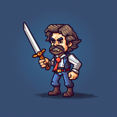 a pixel character, reminiscent of western-style portraits, confidently wields a sword. this 2d game art piece draws inspiration from the works of william wendt and bernardo strozzi, featuring twisted characters with a realistic yet stylized aesthetic. the character's pose and demeanor evoke a sense of strength and determination, akin to the iconic portrayal of pierce brosnan. ai generatedの素材