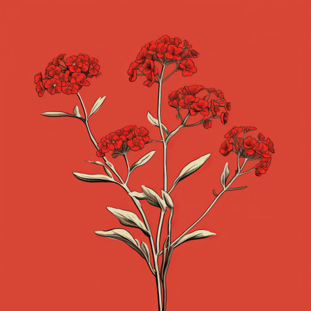 two small red flowers, reminiscent of kaethe butcher's style, stand out against an eye-catching orange background. these highly detailed illustrations showcase a matte drawing technique, with linear and sculptural arrangements. the digital illustration by herb trimpe captures the intricate beauty of the flowers in a captivating way. ai generatedの素材