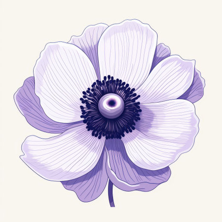 a flower with a big round center is depicted on a white background in a hyper-realistic style. the flower is designed with dark violet and light beige colors, resembling monochromatic sketches. this artwork also incorporates elements of security camera art, showcasing a unique blend of flower power in light purple and white hues. the flower is hand-drawn, adding a personal touch to the composition. aiの素材