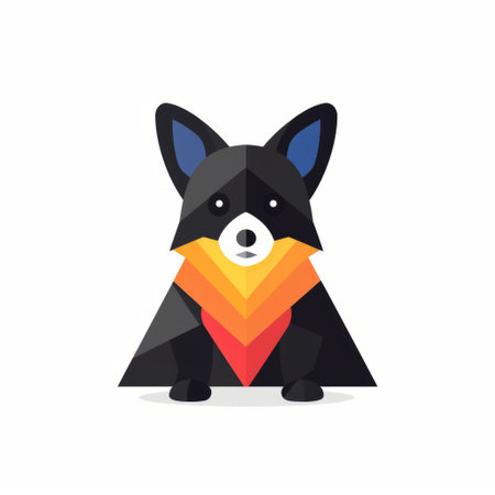 a cartoon corgi with a vibrant collar and bandana, showcasing a minimalist geometric precision style. this dark and brooding designer creation features colorful layered forms, minimalist figures, and elements of logo design and chinese iconography. the energy-filled illustrations bring a unique and captivating aesthetic to this captivating image. ai generatedの素材