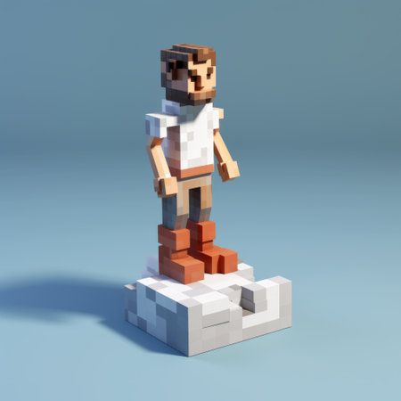 a minecraft pixel figure of a male character, designed in the style of vray tracing. this creation showcases influences from architects bjarke ingels and gaston bussire, with a focus on material experimentation. the figure is predominantly white and brown, and features a playful use of perspective and relief. ai generatedの素材