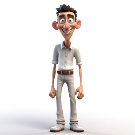 a cartoon character with realistic and hyper-detailed renderings stands with his hands up. the character is rendered in maya, featuring light white and beige colors. the style is reminiscent of les nabis art movement, with smooth and shiny textures. the character's teethcore adds an interesting touch to the overall appearance. ai generatedの素材