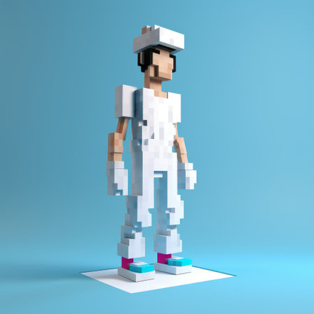 a character in voxel art style, depicted with outstretched feet and arms, wearing sculptural white and cyan costumes. this unique design combines elements of industrial and product design, showcasing vibrant colors reminiscent of a moebius strip. the character's androgynous appearance adds an intriguing touch to the overall composition, creating a captivating visual experience. ai generatedの素材