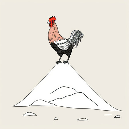 rooster standing on a snowy mountain, depicted in an isolated vector illustration. the artwork showcases a unique style that combines hard and soft lines, with a color palette of light beige and black. the rooster features inventive character designs, while the background incorporates light red and light gray tones. this editorial illustration displays exploratory line work and clever juxtapositions. ai generatedの素材