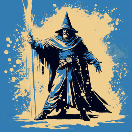a wizard, adorned in a flowing robe, stands confidently while holding a wand and engaging in conversation. the image showcases a unique artistic style, combining textural paint effects, screen printing, and intense color saturation in shades of blue and black. the use of stencil and spray paint techniques adds depth to the composition, enhanced by tenebrism effects that create a captivating interplay of dark yellowの素材