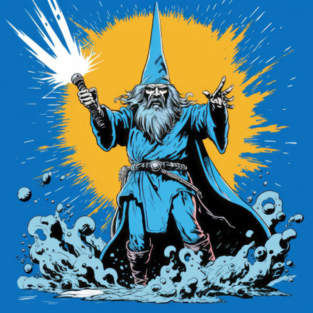 an old blue dragon, reminiscent of alan moore's style, stands on water while a wizard holds a sword. this nostalgic illustration by jim mahfood captures dynamic action sequences, reminiscent of tivadar csontvry kosztka's work and eastern orthodox icons. the artwork is enhanced with glimmering light effects. ai generatedの素材