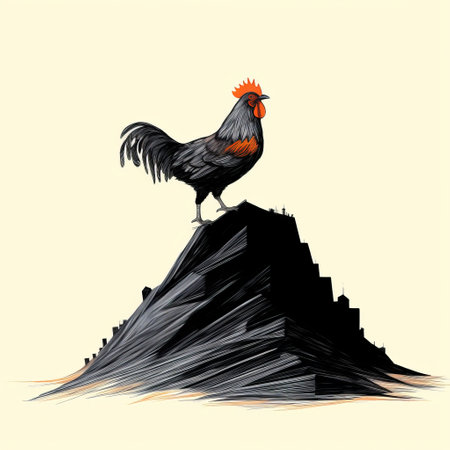 a rooster stands proudly on a mountain top, depicted in a graphic rock-inspired composition. the illustration showcases a realistic chiaroscuro effect, with shades of gray and black creating a striking portrayal of light and shadow. the minimalist style of the illustrator is evident in the simple yet colorful depiction of the rooster against the spiky mounds of the mountain. ai generatedの素材