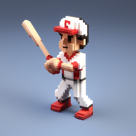 a pixel baseball player, created in the style of voxel art, is seen swinging his bat in a nostalgic and realistic manner. the player's lifelike figure, crafted with attention to detail, showcases the combination of light red and white colors. this unique artwork evokes a sense of nostalgia while embracing the modern aesthetic of ssaku hanga. ai generatedの素材