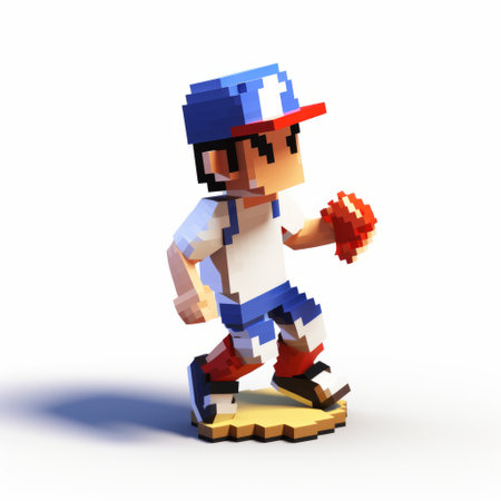 a pixel baseball player, inspired by the bold manga-style characters of shinji aramaki, is depicted in voxel art. the player is seen in a low-angle shot, showcasing movement and spontaneity. this maquette pays homage to the renowned artist fernando amorsolo, combining his influence with the unique pixelated aesthetic. ai generatedの素材