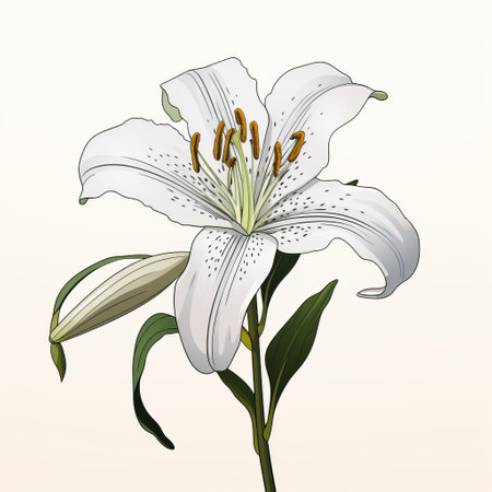 a white lily flower is showcased on a white background, resembling intricate botanical illustrations. the image also features hyper-realistic animal illustrations in shades of green and beige. the overall aesthetic is enhanced by trace monotone elements in dark white and light magenta, complemented by elegant calligraphy in light orange and light gold. ai generatedの素材