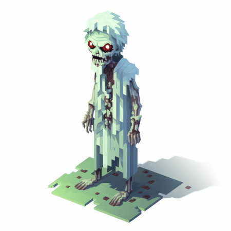 the character from the horror game is depicted in a voxel art style, featuring a light green and white color scheme. the artwork showcases a zombiecore aesthetic with isometric, layered imagery. the illustration incorporates subtle irony and is enhanced by a combination of light maroon and dark azure tones. these editorial illustrations capture the essence of the character in a unique and visually appealing way.の素材