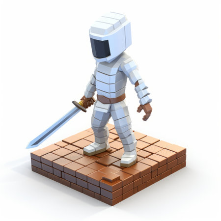 a voxel art depiction of a robotic figure standing on a white, textured surface made of bricks. the figure holds a sword, showcasing its intricate design and shiny appearance. the artwork showcases simplified structures and grid-like patterns, appealing to fans of robotics and futuristic aesthetics. ai generatedの素材