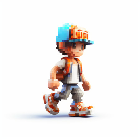 an animated character, in the style of voxel art, is seen walking down the street. the character is wearing an orange and black shirt and stands out against the white background. the vibrant colors and unique art style make this image visually appealing. the use of firecore and lucid developments in the subject's design adds depth and complexity. this artwork is reminiscent of the workの素材