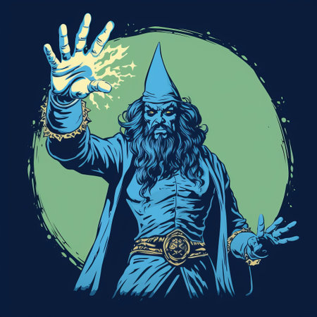 an old green wizard is depicted in this blue and white illustration, showcasing a spontaneous gesture style reminiscent of vintage poster design. the artwork captures elements of ravencore and wizardcore aesthetics, with intricate costumes and a touch of psychological phenomena illustrations. the lith printing technique adds a unique vintage charm to the overall composition. ai generatedの素材