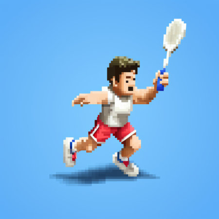 an 8bit man swings a badminton racket in a hyper-realistic, cartoony style with frenchy and outrun influences. the pixelated artwork captures the essence of alex hirsch's clean and detailed aesthetic. ai generatedの素材