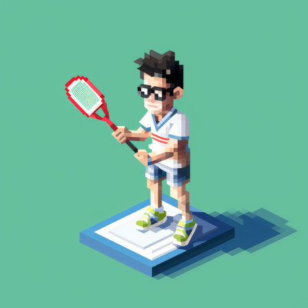 a man playing badminton in a voxel art style, reminiscent of childhood arcadias. this uhd image showcases the use of common materials and is created by the talented artist alex gross. the isometric perspective adds depth to the scene, making it a visually captivating piece of art. ai generatedの素材