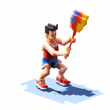 a photo of an energetic street artist, in the style of isometric 8bits, mimicking ruined materials, creating a traditional chinese scene at the beach. the artist, a football player, incorporates primary colors and ambient occlusion to bring out the vibrant and dynamic atmosphere. the artwork also explores homosexual themes, adding depth and diversity to the composition. ai generatedの素材