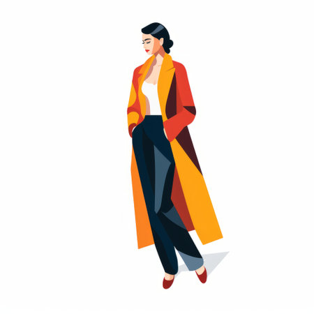 a woman is depicted in a fashion illustration, wearing a coat and shoes. the illustration is done in the style of bold lines and dynamic colors, with dark crimson and orange hues. the overall design showcases modernist clean lines and bright primary colors. the illustration features sharp angles and exudes a sense of cinematic elegance. ai generatedの素材