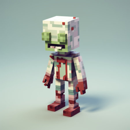 a pixel art zombie skeleton, created in the style of voxel art, is showcased on a grey background. the colors used for this adorable toy sculpture are light maroon and light green. this piece, created by jakub schikaneder, features prerendered graphics and draws inspiration from the works of henryk gotlib and anton fadeev. ai generatedの素材