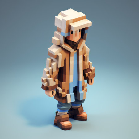 a 3d model of an old man with a hat, showcasing voxel art style. the scene is set in a snowy environment, with anime-inspired character designs. the color palette consists of blue and beige tones, complementing the utilitarian and elaborate costumes worn by the character. the overall ambiance exudes warmth and charm. ai generatedの素材