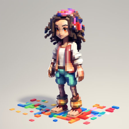 a pixel girl stands amidst vibrant squares, showcasing a unique blend of zbrush-inspired artistry and afro-colombian themes. this visually captivating image, rendered with vray, features anime-inspired characters reminiscent of childhood arcadias. the hyper-realistic details and wildstyle elements further enhance the overall appeal of this captivating artwork. ai generatedの素材