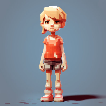 a pixel-styled lady wearing a vibrant red shirt stands out in this detailed character design. the distressed materials add a unique touch to her child-like innocence. the light white and light orange hues create a soft and inviting atmosphere. with realistic anatomies and a lit kid vibe, this tinycore artwork is truly captivating. ai generatedの素材