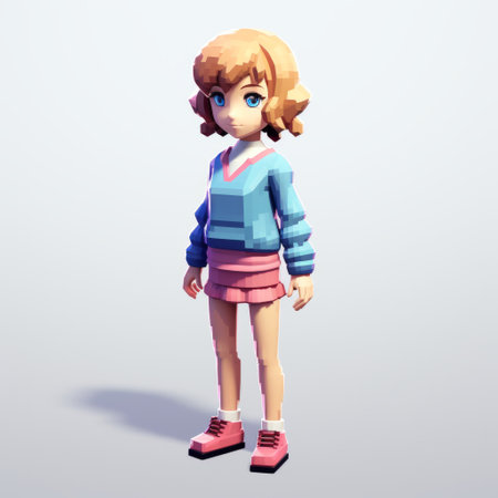 a pixellated girl model in a 3d anime-inspired style, showcasing childlike simplicity and vibrant colors. the realistic lighting adds depth to the character, reminiscent of ken sugimori's artwork. with a touch of mary beale's cartoonish style, this image captures the essence of a soft yet vibrant character. ai generatedの素材