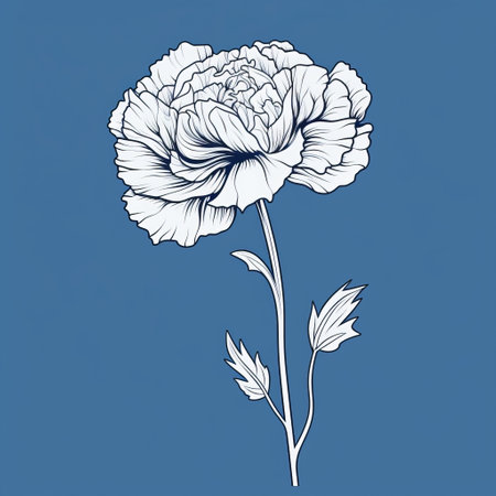 carnation vector flower illustration featuring a dynamic line work in a dark sky-blue and white style. this nostalgic and romantic artwork draws inspiration from the works of prudence heward, chen zhen, and rupi kaur. the monochromatic palette adds a touch of elegance to this captivating floral design. ai generatedの素材